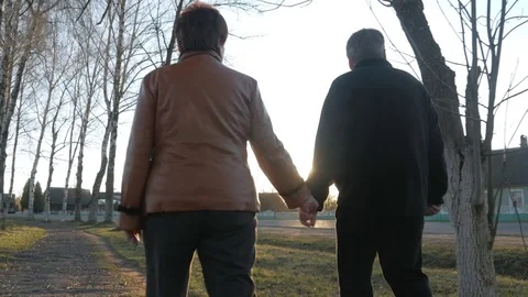 Loving elderly couple walking in the park at sunset. Nearby there is a road. A Stock Footage 75042258