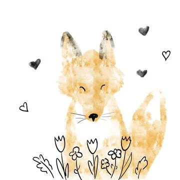 Loving happy fluffy red cartoon fox with flowers Stock Illustration