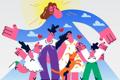 Loving Jesus Christ protect family with kids Stock Illustration