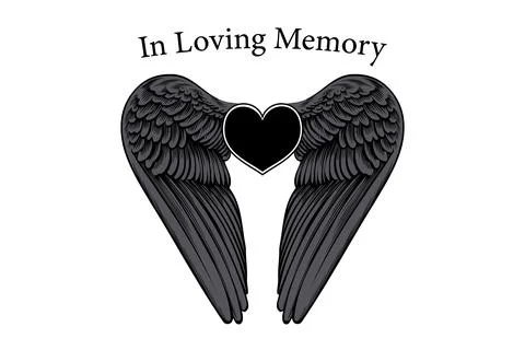In Loving Memory card template. Angel wings with heart, In memory of beloved Stock Illustration