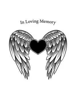 In Loving Memory card template. Angel wings with heart, In memory of beloved Stock Illustration