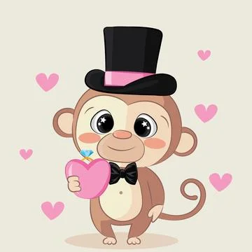 Loving monkey boy pink red hearts and diamond 스톡 일러스트