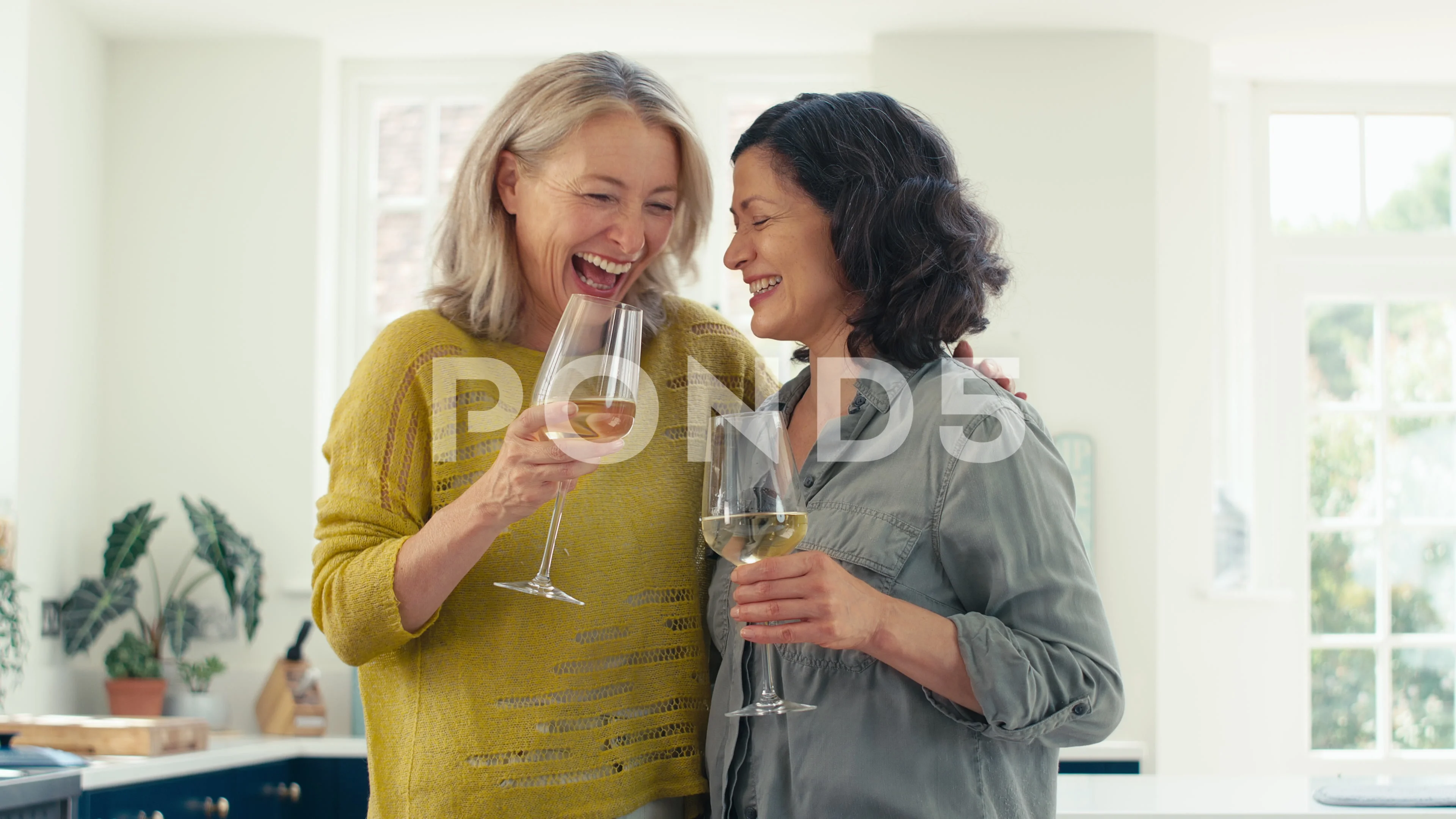 Loving Same Sex Mature Female Couple Celebrating With Glass Of Wine At Home