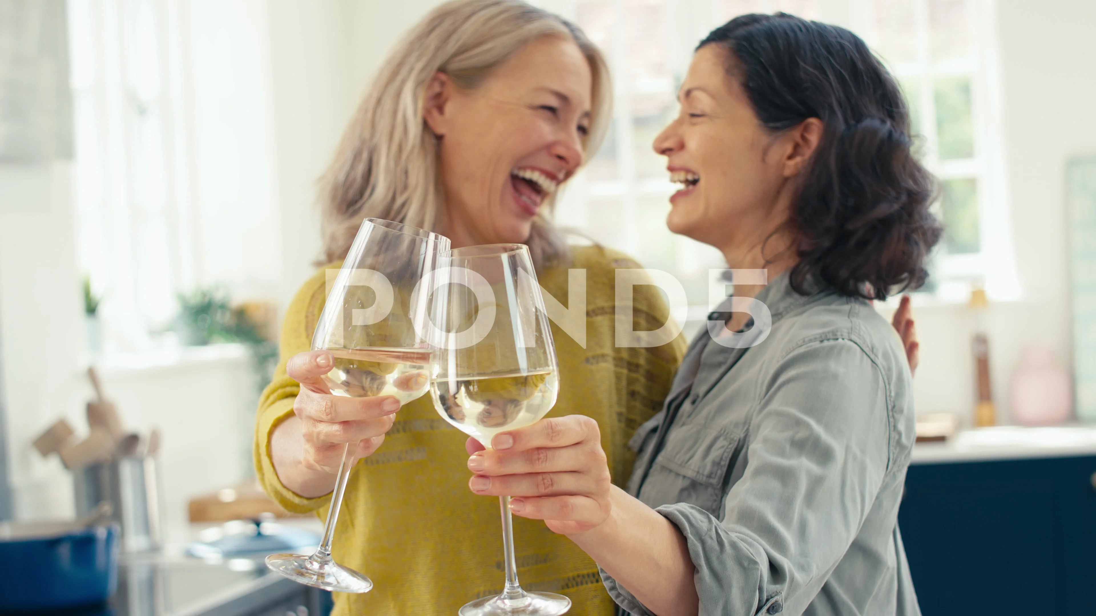 Loving Same Sex Mature Female Couple Celebrating With Glass Of Wine At Home