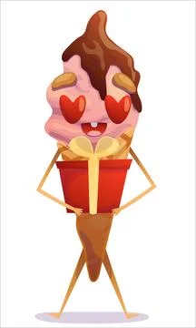 A lovingly colorful ice cream cone with a gift in hand. Ice cream, cone, sw.. Stock Illustration