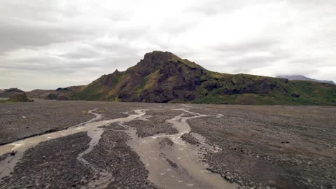 Low Aerial Along River Braids of Thorsmork. Travel Iceland Adventure Rugged Stock Footage 256714168