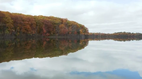 Low Aerial Buzzes Along Surface Of Lake With Reflection Of Autumnal Trees Stock Footage 118701212