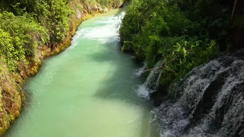 Low Aerial Flight Along Waterfall Stream Beneath Overhanging Trees Video stock 340149626