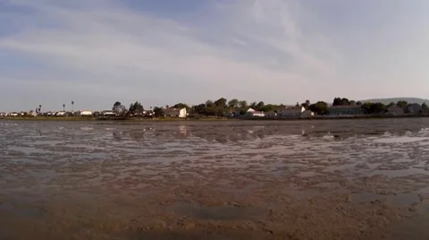 Low Aerial Flight Backing Over Bay in Low Tide on Clear Sunny Morning Video stock 37315958