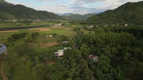 Low aerial flight over green valley in Vietnam Stock Footage 339753554