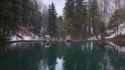 Low Aerial Flight Over Small Alpine Reservoir Dam Toward Forest Cabin 스톡 동영상 330802599