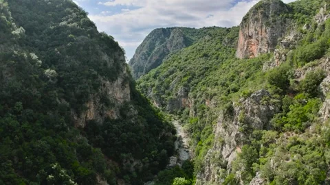 Low Aerial Flight Through Deep Green Gorge in Greece Stock Footage 336563580