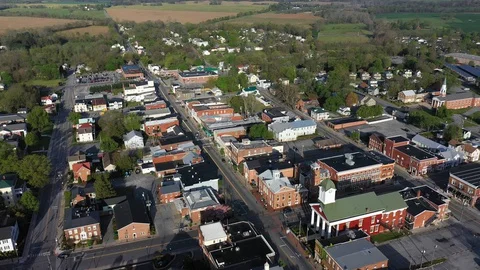 Low aerial orbit with camera pointed down showing the main street area of Video stock 129621794