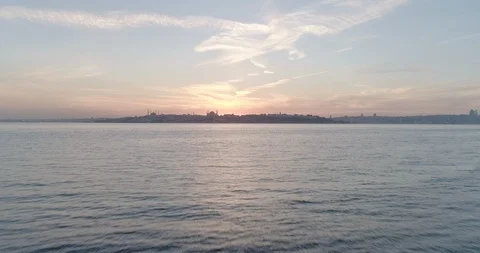 Low aerial view of Bosphorus River Istanbul, flying towards Hagia Sophia. Stock Footage 93109570