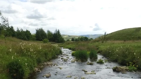 Low aerial view down a stunning little river in the countryside Stock Footage 75890850