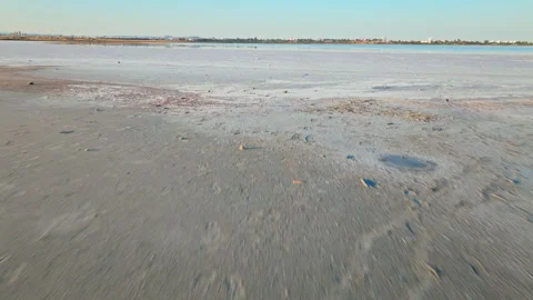 Low aerial view of Larnaca Salt Lake in Cyprus with the historic Hala Sultan. Stock Footage 341539060