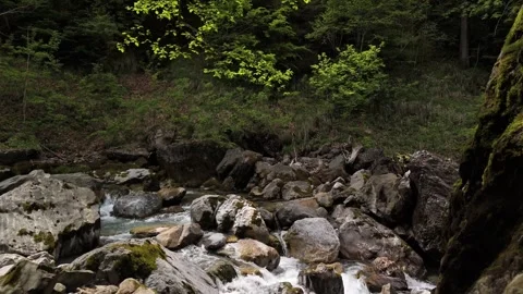 Low Aerial View Over Clear Mountain River and Rocks in Engelberg Stock Footage 336814966