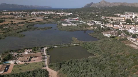 Low Aerial View Over Lagoon Edge and Agricultural Margins, Mallorca Stock Footage 340589365