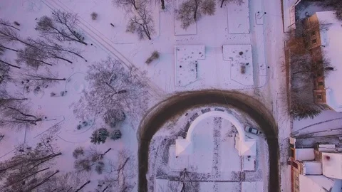 Low aerial view of the park at small town Stock Footage 70725809