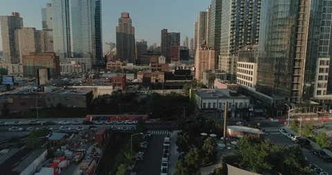Low aerial view of Upper West side buildings in New York City. USA. Stock Footage 95653051