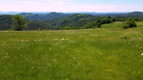 Low altitude aerial fast pan left over green meadow grass mountain view Serbia Stock Footage 342241616