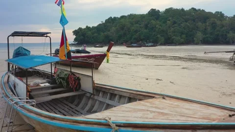 Low altitude drone between long tail traditional thai boats. Krabi, Thailand. Stock Footage 245978036