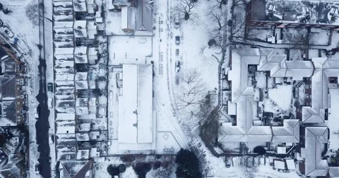 Low altitude drone flight over London during a rare snowstorm in March, 2018. Stock Footage 86561119