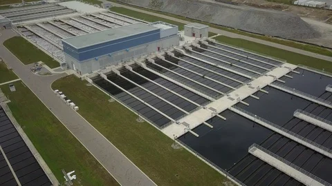 Low altitude drone flight over a sewage treatment plant. Stock Footage 94705915