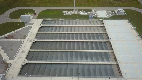 Low altitude drone flight over a sewage treatment plant. Stock Footage 94705985