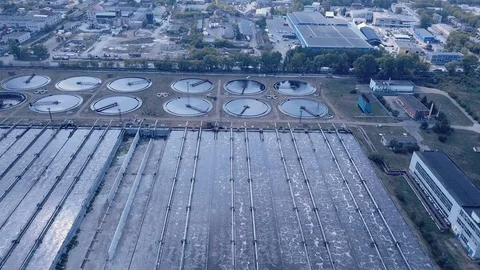 Low altitude drone flight over a sewage treatment plant. Stock Footage 103184780