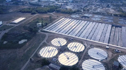 Low altitude drone flight over a sewage treatment plant. Stock Footage 103184862