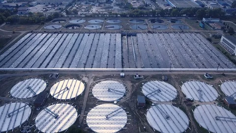 Low altitude drone flight over a sewage treatment plant. Stock Footage 103185001