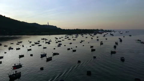 Low Altitude Drone Flight Over Fishing Boats in Da Nang Bay Stock Footage 340487474