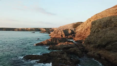 Low altitude drone shot over a rocky seaside in Brittany, France Stock Footage 164654950