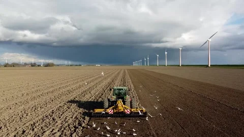 Low altitude drone view of tractor landscape raking 4k Stock Footage 262141899