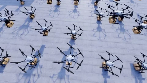 Low-altitude economic drones shuttle through urban logistics transportation  Видео 321786824