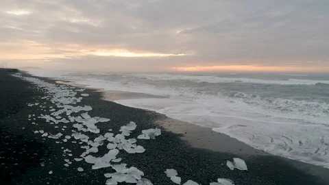 Low Altitude Flight Over Diamond Beach Iceland in 4K Stock Footage 89407447