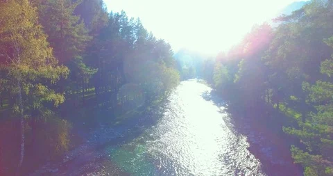 Low altitude flight over fresh fast mountain river with rocks at sunny summer Stock Footage 115087364
