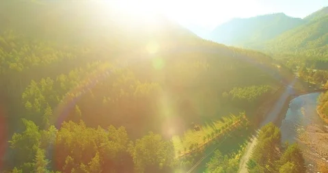 Low altitude flight over fresh fast mountain river with rocks at sunny summer Video stock 115089329
