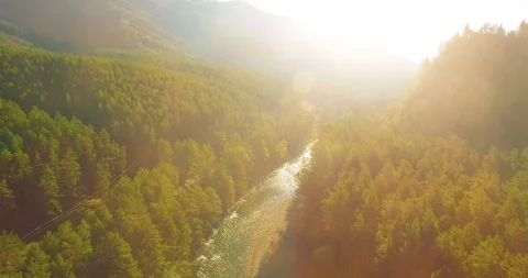 Low altitude flight over fresh fast mountain river with rocks at sunny summer Stock Footage 127486570