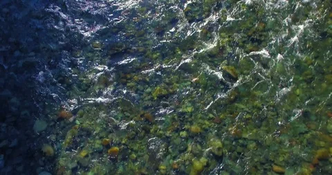 Low altitude flight over fresh fast mountain river with rocks at sunny summer Stock Footage 127487154