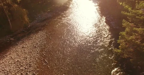 Low altitude flight over fresh fast mountain river with rocks at sunny summer Stock Footage 310717491