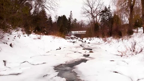 Low Altitude Flight over a Partially Cracked Frozen River in Winter With Drone. Stock Footage 103233265