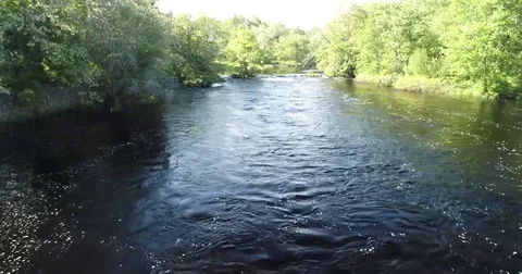 Low altitude flight upstream just above water level Stock-Footage 76334822