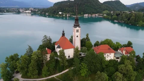 Low Altitude Flyover Above Bled Island, Blue Hour Stock Footage 339227576