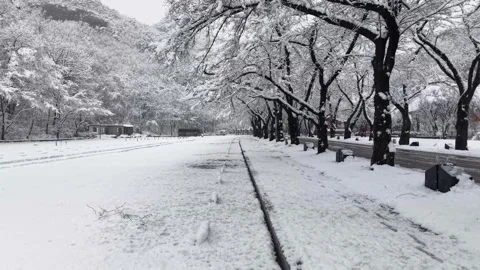 Low Altitude Forward Flight Through Snow Covered Parking Area in South Korea Stock Footage 344248274
