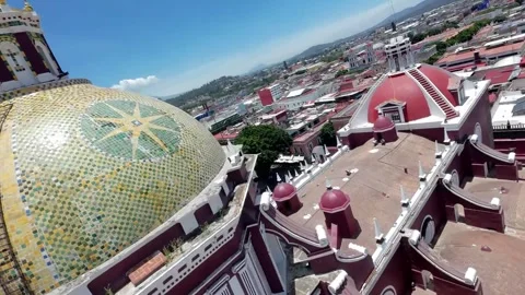 Low Altitude FPV Drone Flyby Over Zocalo Square Towards Puebla Cathedral Stock Footage 342540532