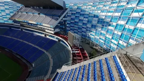 Low Altitude FPV Drone Flyby Over Empty Stands and Soccer Field Stock Footage 342545533