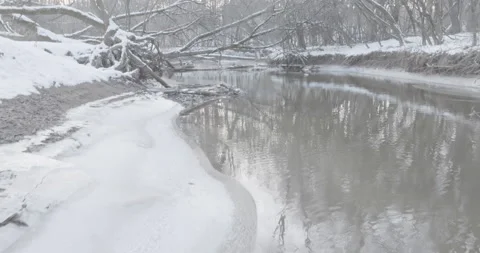 Low and slow float over a half frozen creek bisecting a Winter Forest Stock Footage 232555138
