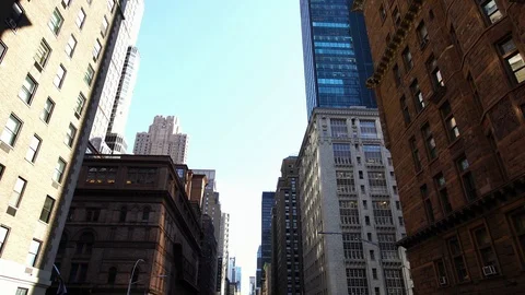Low angle aerial drone shot of NYC New York City Manhattan skyscraper buildings Video stock 95565059